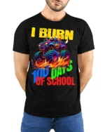 Monster Truck 100 Days of School T-Shirt - model wearing black shirt, hands behind back