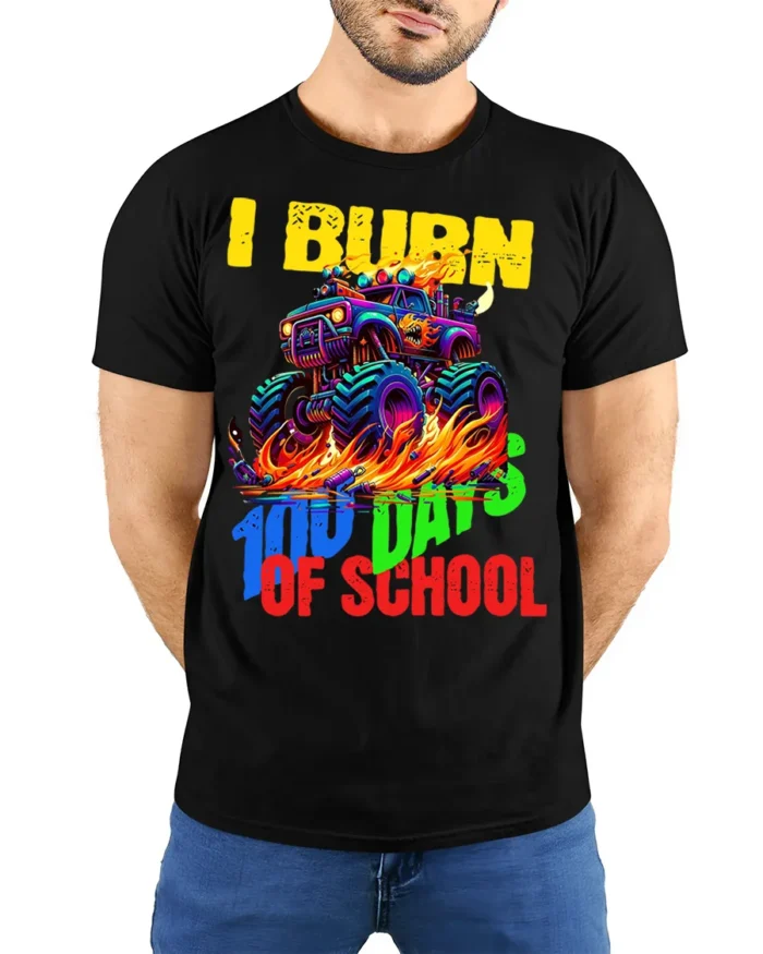 Monster Truck 100 Days of School T-Shirt - model wearing black shirt, hands behind back
