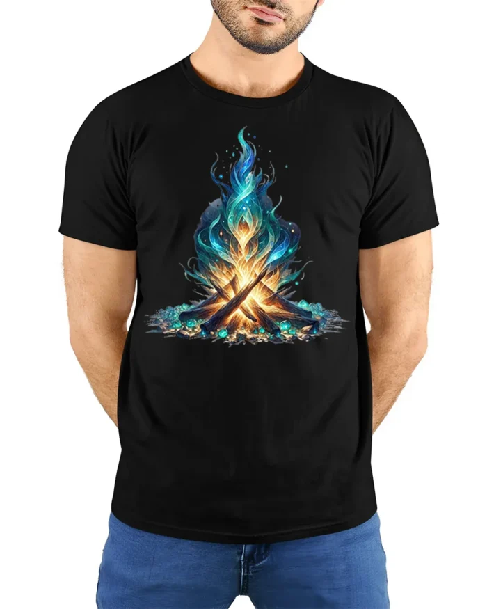 Mystic Blue Flame Campfire Art T-Shirt - model wearing black shirt, hands behind back