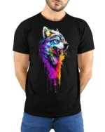 Colorful Dripping Paint Wolf T-Shirt - model wearing black shirt, hands behind back