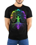 Psychedelic Mushroom Tree of Life T-Shirt - model wearing black shirt, hands behind back