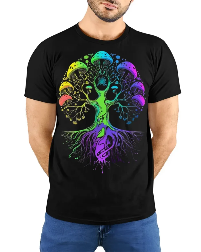 Psychedelic Mushroom Tree of Life T-Shirt - model wearing black shirt, hands behind back