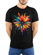 Color Splash Abstract Flower Art T-Shirt - model wearing black shirt, hands behind back