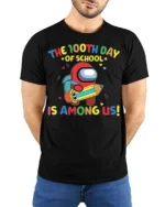 100th Day of School Among Us Style T-shirt - model wearing black shirt, hands behind back