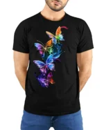Colorful Neon Butterfly Splash Art T-shirt - model wearing black shirt, hands behind back