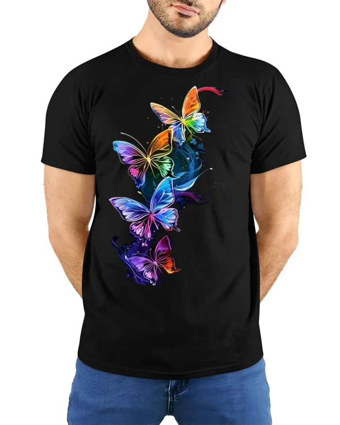 Colorful Neon Butterfly Splash Art T-shirt - model wearing black shirt, hands behind back