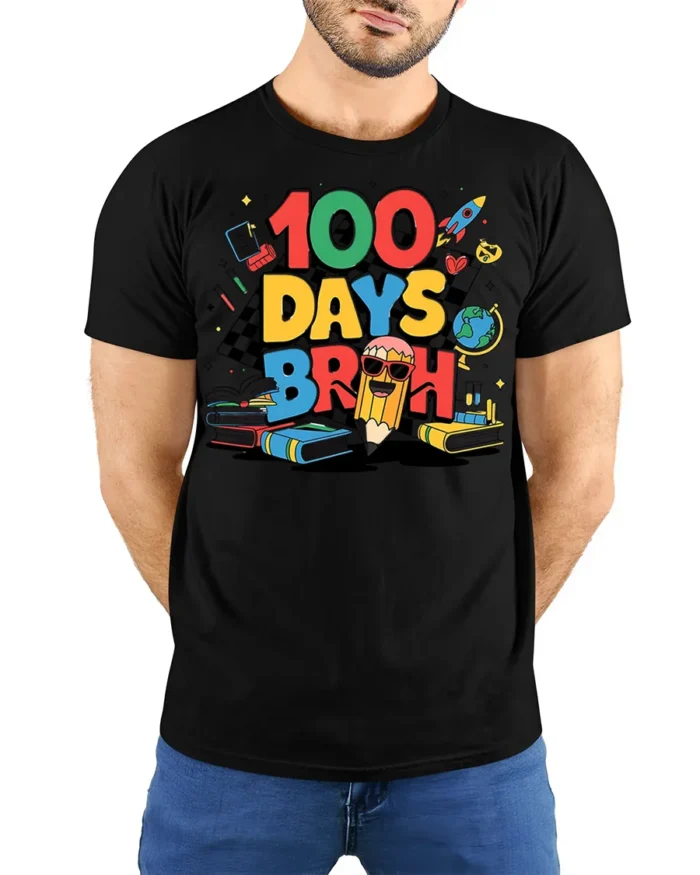 100 Days Broh Funny School Celebration T-shirt - model wearing black shirt, hands behind back