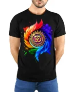 Colorful Om Mandala Spiritual Energy T-shirt - model wearing black shirt, hands behind back