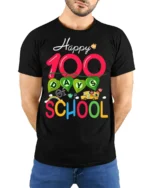 Happy 100 Days of School Celebration T-shirt - model wearing black shirt, hands behind back