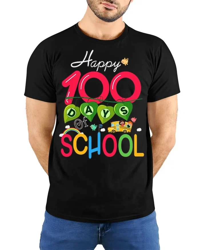 Happy 100 Days of School Celebration T-shirt - model wearing black shirt, hands behind back