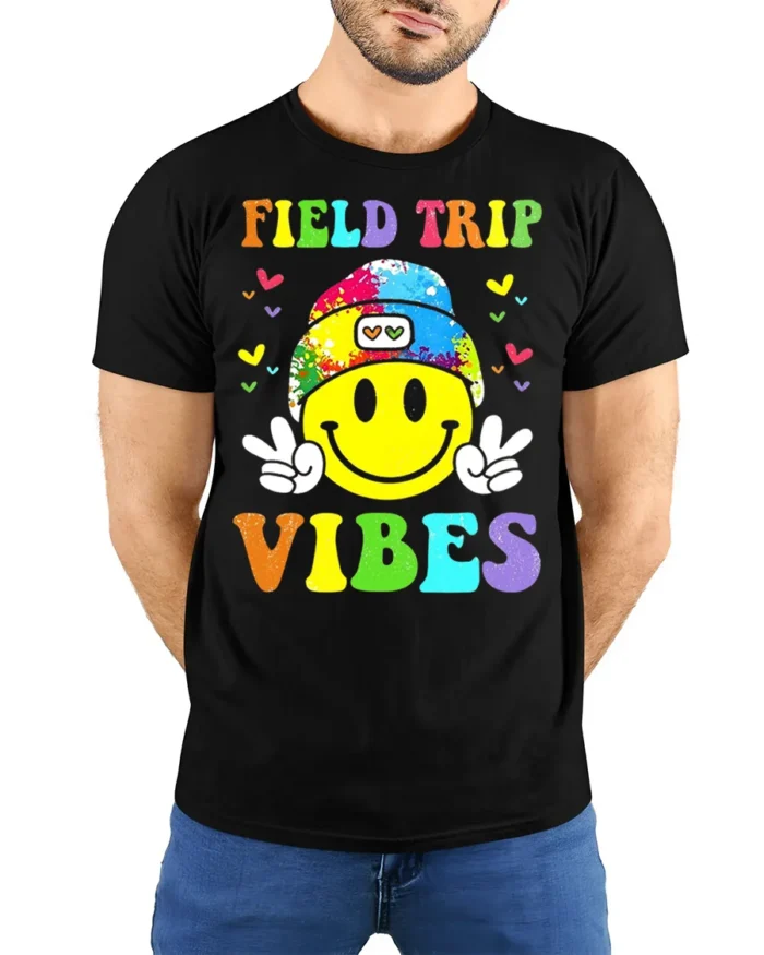 Field Trip Vibes Smiley Face Kids T-shirt - model wearing black shirt, hands behind back