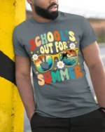 Retro School’s Out for Summer Vibes T-shirt - model in grey shirt leaning against column