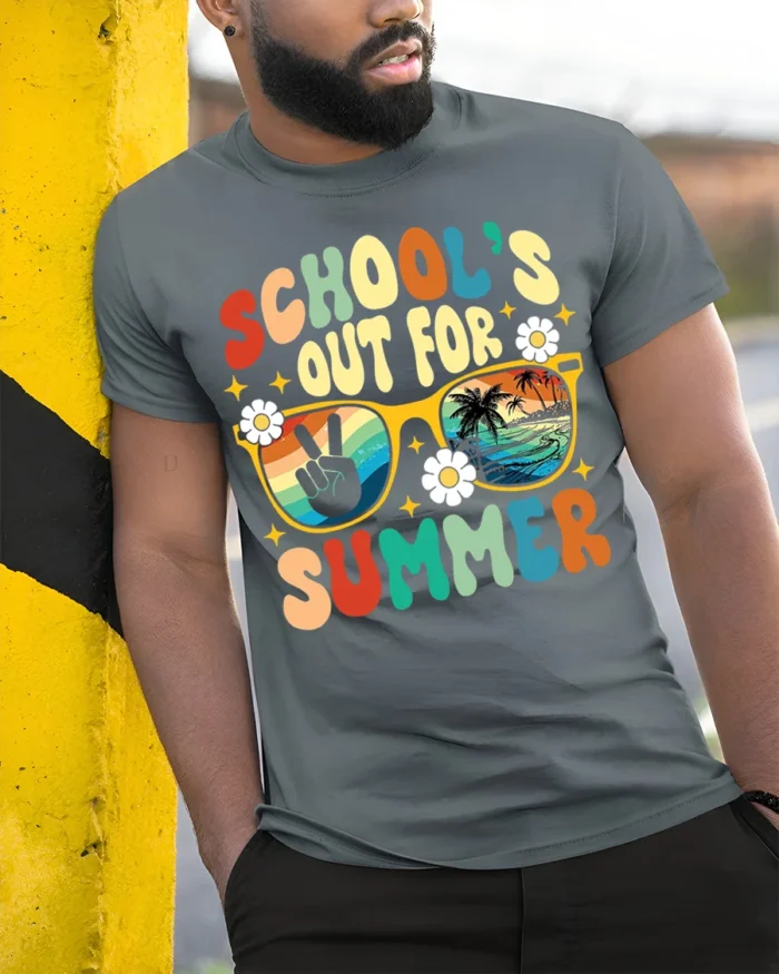 Retro School’s Out for Summer Vibes T-shirt - model in grey shirt leaning against column