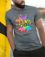 Color Splash Back to School T-shirt - model in grey shirt leaning against column