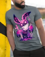 Psychedelic Bunny Horror Vibes T-Shirt - model in grey shirt leaning against column