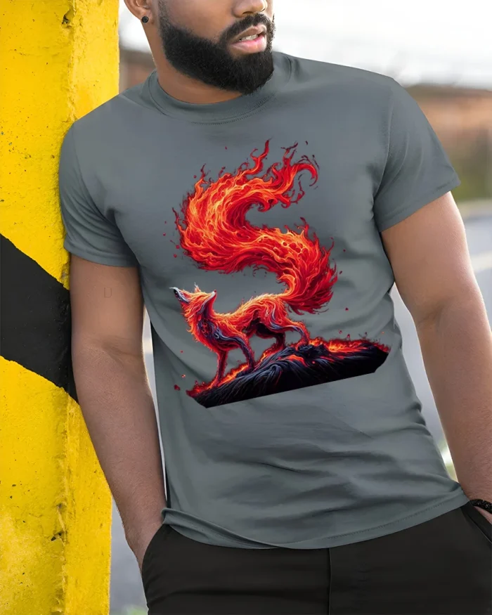 Blazing Fire Fox Spirit Graphic T-Shirt - model in grey shirt leaning against column
