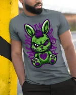 Angry Punk Bunny Heart Patch T-Shirt - model in grey shirt leaning against column