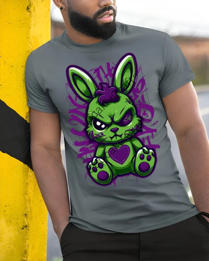 Angry Punk Bunny Heart Patch T-Shirt - model in grey shirt leaning against column