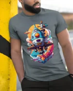Retro Sci-Fi Spaceship Launch T-Shirt - model in grey shirt leaning against column