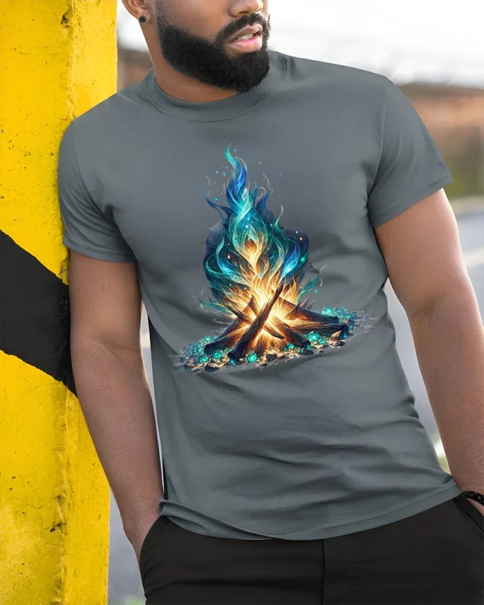 Mystic Blue Flame Campfire Art T-Shirt - model in grey shirt leaning against column