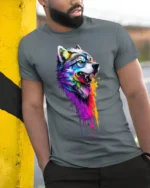 Colorful Dripping Paint Wolf T-Shirt - model in grey shirt leaning against column