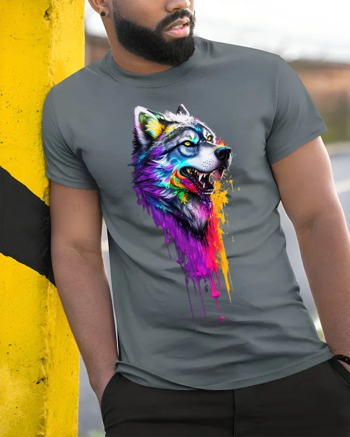 Colorful Dripping Paint Wolf T-Shirt - model in grey shirt leaning against column