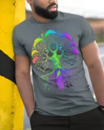 Psychedelic Mushroom Tree of Life T-Shirt - model in grey shirt leaning against column