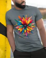 Color Splash Abstract Flower Art T-Shirt - model in grey shirt leaning against column