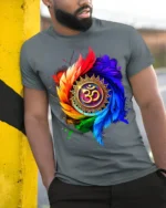 Colorful Om Mandala Spiritual Energy T-shirt - model in grey shirt leaning against column