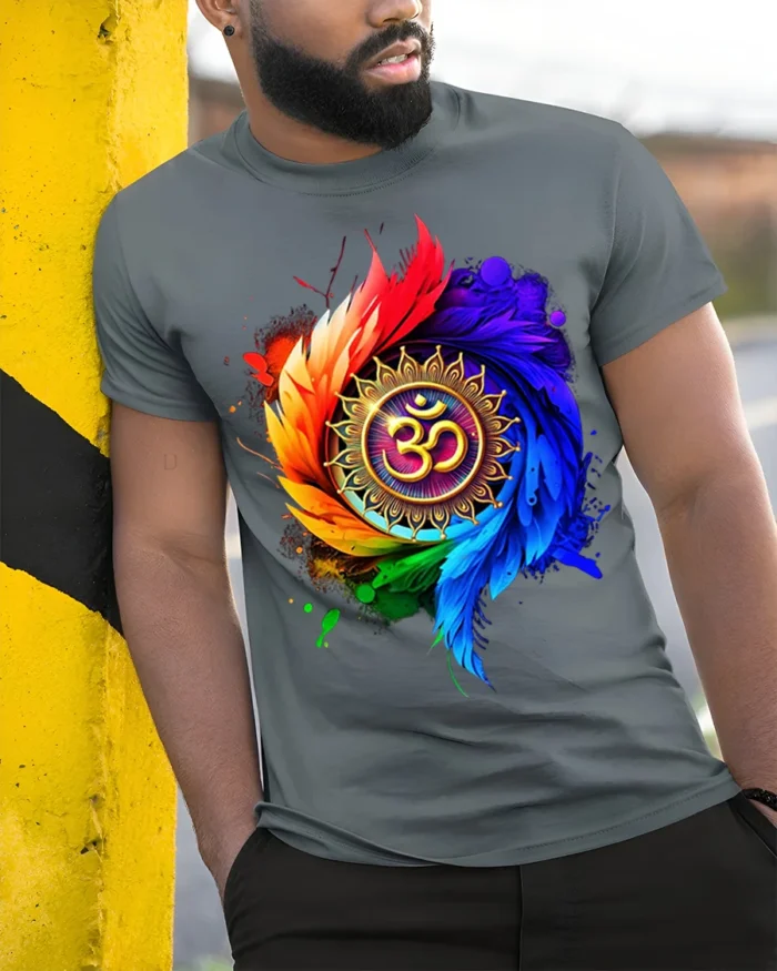 Colorful Om Mandala Spiritual Energy T-shirt - model in grey shirt leaning against column