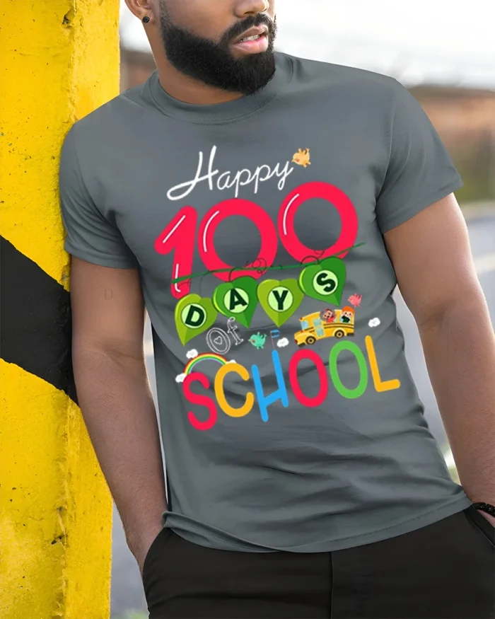 Happy 100 Days of School Celebration T-shirt - model in grey shirt leaning against column