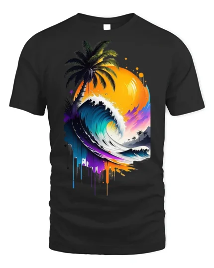 Tropical Wave Sunset Palm Art T-Shirt - black t-shirt on white background