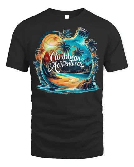 Caribbean Adventures Beach Bottle T-Shirt - black t-shirt on white background