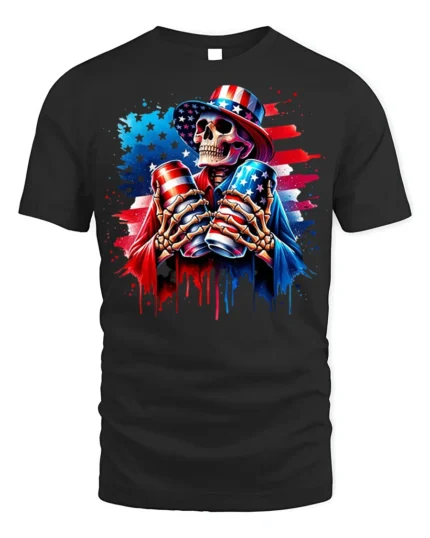 Patriotic Skull Beer Cans 4th of July T-Shirt - black t-shirt on white background