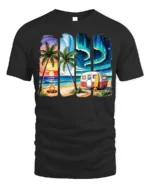 Beach Camper Sunset Aurora Chill T-Shirt - black t-shirt on white background