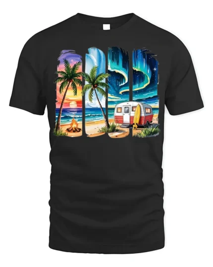 Beach Camper Sunset Aurora Chill T-Shirt - black t-shirt on white background