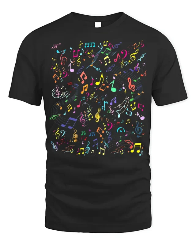 Colorful Music Notes Pattern Graphic T-Shirt - black t-shirt on white background