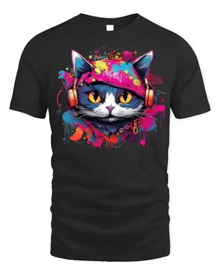 Graffiti DJ Cat Headphones Street Art T-Shirt - black t-shirt on white background