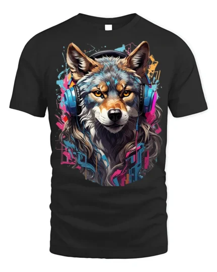 DJ Wolf Headphones Urban Style T-Shirt - black t-shirt on white background