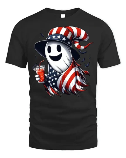 Patriotic Ghost Halloween T-Shirt USA Flag Style - black t-shirt on white background