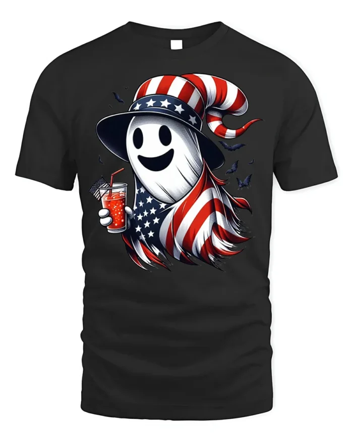 Patriotic Ghost Halloween T-Shirt USA Flag Style - black t-shirt on white background