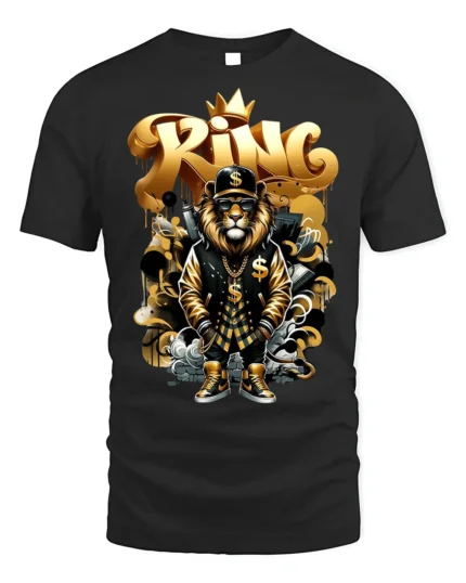 Hip Hop King Lion T-Shirt with Gold Street Style - black t-shirt on white background
