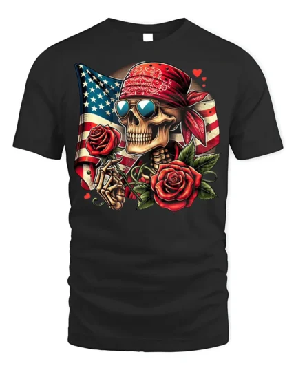 Skull Bandana T-Shirt with Roses and USA Flag - black t-shirt on white background
