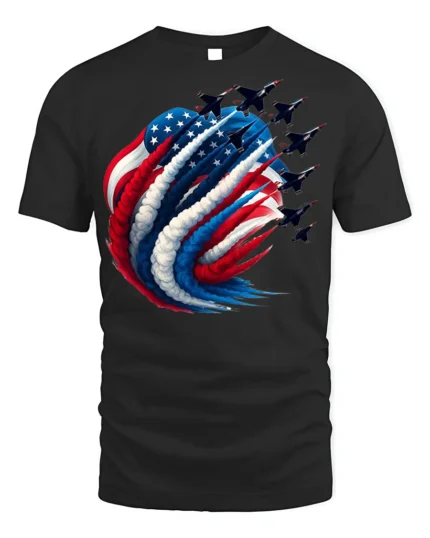 Patriotic Jet Flyover American Flag T-Shirt - black t-shirt on white background