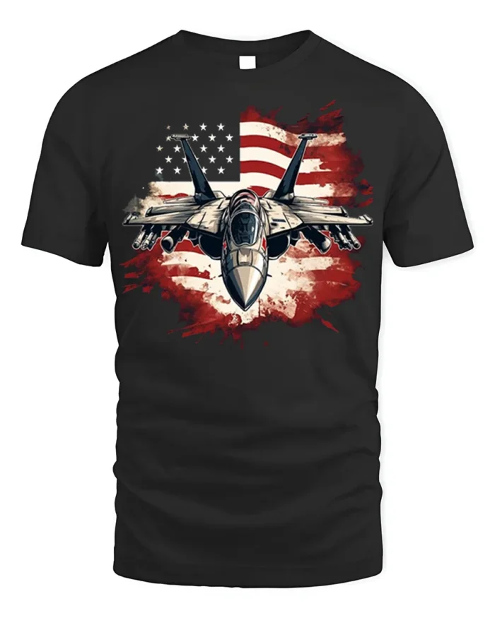 US Air Force Fighter Jet American Flag T-Shirt - black t-shirt on white background