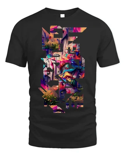 Urban Graffiti Cityscape Cutout T-Shirt - black t-shirt on white background