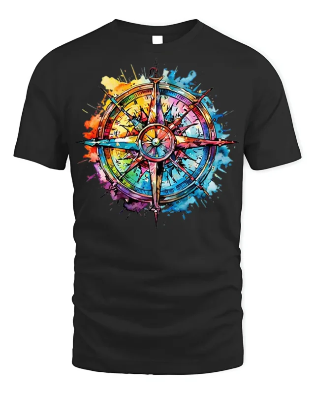 Colorful Compass Rose Splatter Art T-Shirt - black t-shirt on white background