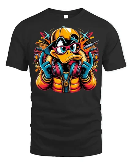 Hip Hop DJ Duck Cartoon Streetwear T-Shirt - black t-shirt on white background
