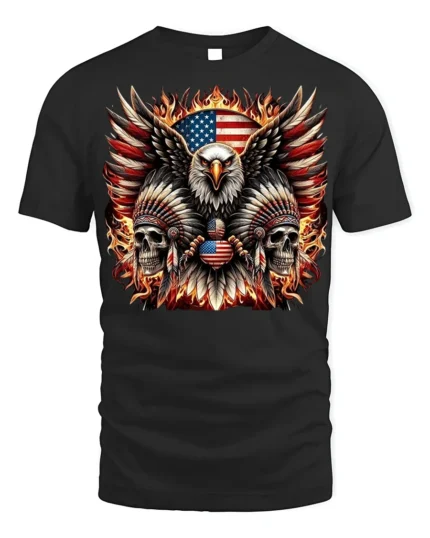 Patriotic Eagle Skull Fire Feathers T-Shirt - black t-shirt on white background