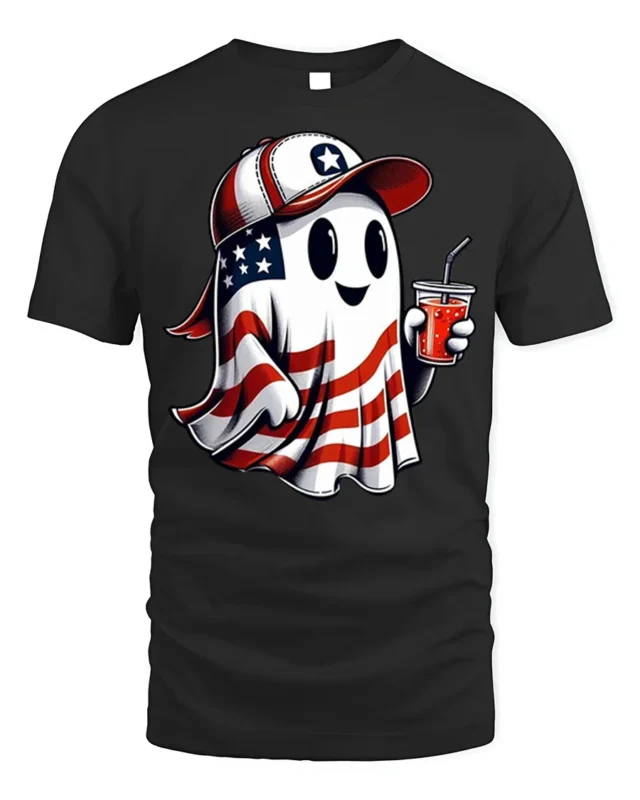 Patriotic Ghost Soda USA Flag T-Shirt - black t-shirt on white background